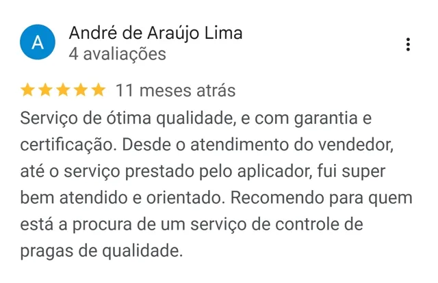 Avaliação de André de Araújo Lima no Google: serviço de ótima qualidade, com garantia e certificação