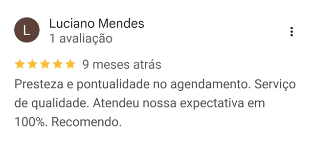 Avaliação de Luciano Mendes no Google: presteza e pontualidade no agendamento, atendeu 100% da expectativa