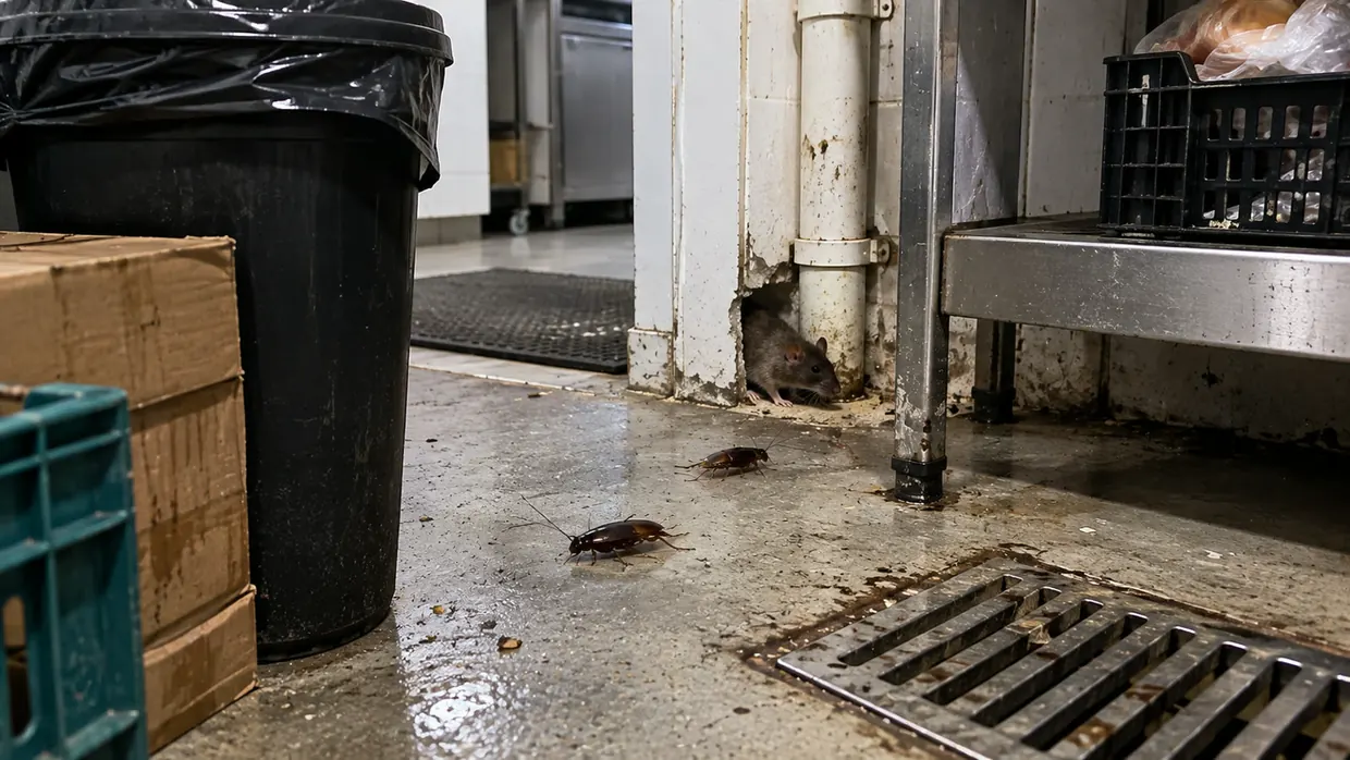 Rato e baratas em área de depósito comercial — pragas urbanas atendidas pela Desinsect